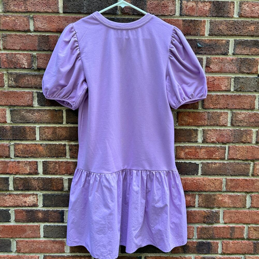 English Factory Knit Woven Mixed Dress Lilac Purple Puff Sleeve Mini Size Small - Picture 5 of 9